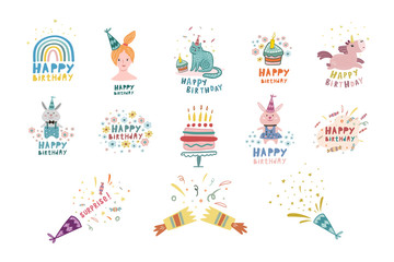 Set of birthday designs. Birthday illustrations. Vector color flat drawings. Doodle style artwork.