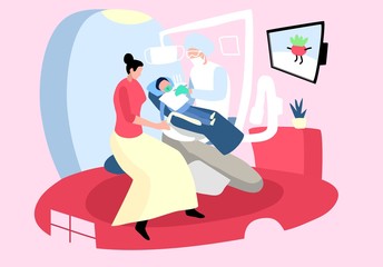 Mother with child at at the dentist’s appointment vector illustration. a Doctor checks a kid’s teeth. Patient with toothache. Family at dental  clinic. Health care concept. Сaries diagnostic.