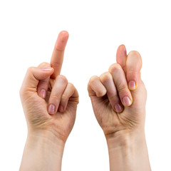 female hand is showing a fig and showing middle finger, isolated on a white background, the sign of failure, copy space