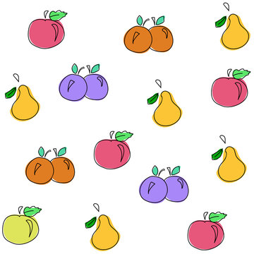 Juicy fruit pattern is seamless vector illustration. Pear, apple, peach and plum vector drawing can be fabric print design, juicy bar decor, kids room wallpaper, wrapping paper print and more