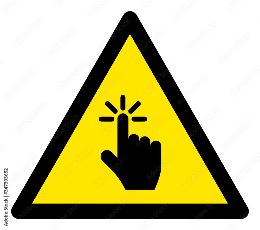 Poster vector finger click flat warning sign. triangle icon uses black and yellow colors. symbol style is a