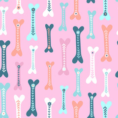 Seamless vector pattern with cute bones for dogs and flowers. Pink background.