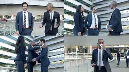 Business colleagues greeting and hugging each other outside, walking and talking, using tablet, drinking coffee. Multiscreen montage, collage portraits. Teamwork and communication concept