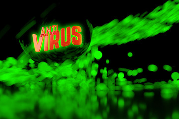 Antivirus text about Coronavirus COVID-19. Made by red plastic over green background full of moving particles. Medicine concept 3d illustration