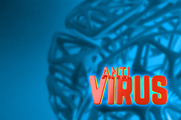 Antivirus text about Coronavirus COVID-19. Made by red plastic over abstract blue background with structural sphere. Medicine concept 3d illustration