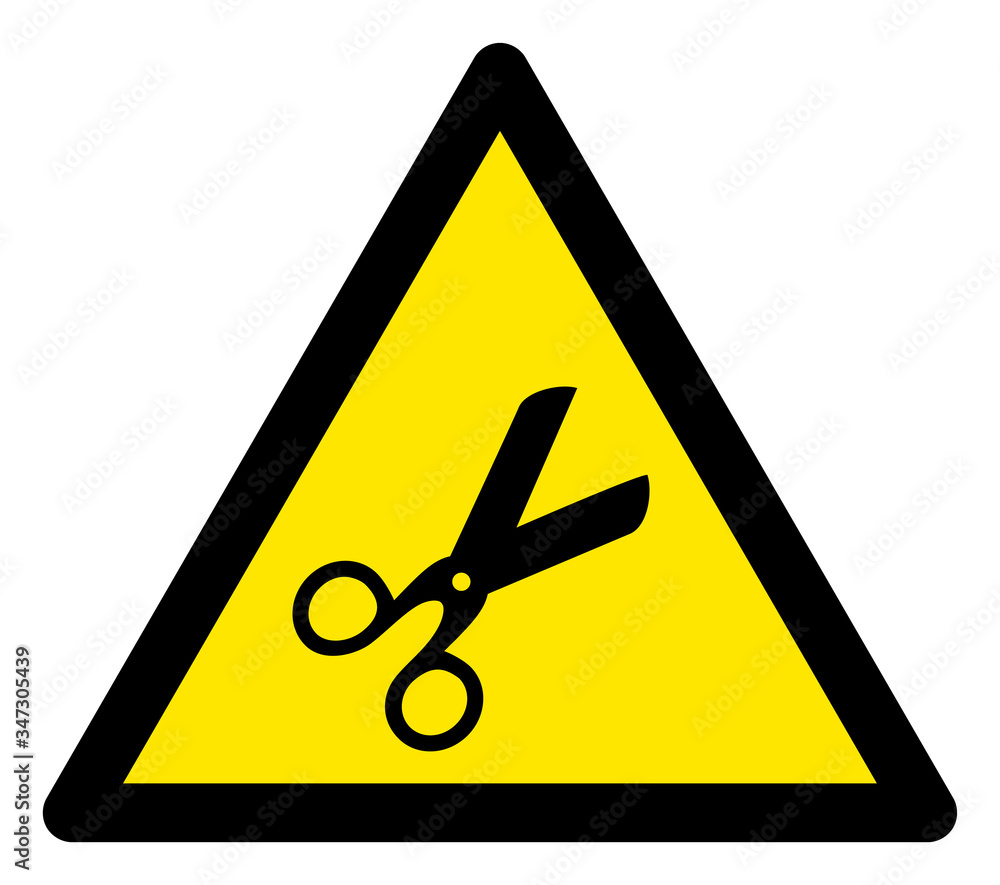 Poster vector scissors flat warning sign. triangle icon uses black and yellow colors. symbol style is a fla