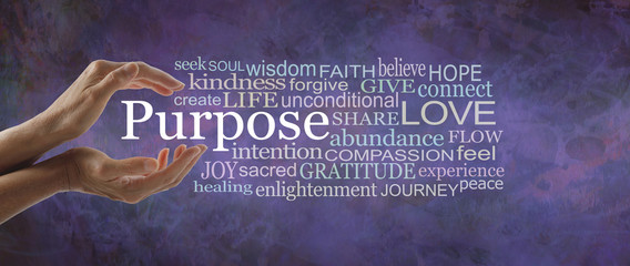 Life Purpose Wise Words Tag Cloud - female hands cupped around the word PURPOSE beside a relevant word cloud on a rustic grunge purple background
