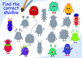 Mini games collection for kids. Find the correct shadow. Funny monster. Page for coloring book, leisure activity task for children. 