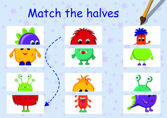 Mini games collection for kids. 
Find the correct halves. Leisure activity for preschool. Funny monster. Task for children. 