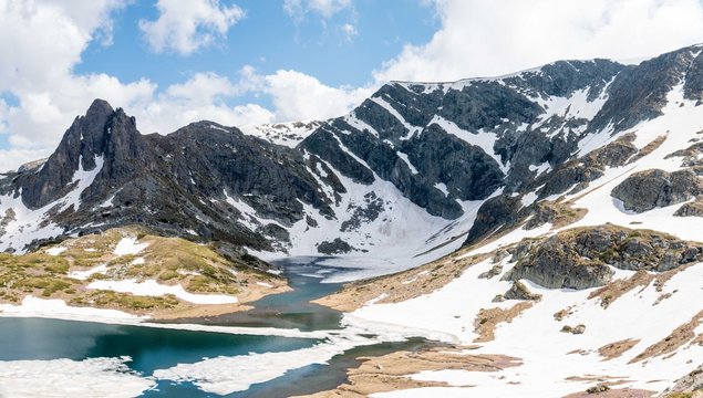 Panorama of glacial lake in Rila National Park in Bulgaria