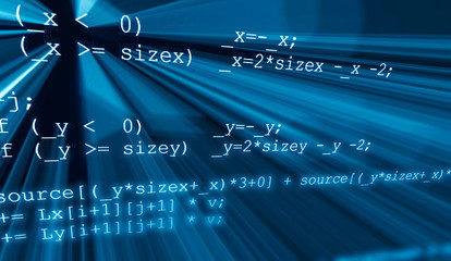 Programmers code abstract screen of a software developer. Source code background with light effects.
