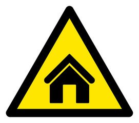 Vector house flat warning sign. Triangle icon uses black and yellow colors. Symbol style is a flat house attention sign on a white background. Icons designed for problem signals, road signs,