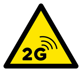 Vector 2G network flat warning sign. Triangle icon uses black and yellow colors. Symbol style is a flat 2G network attention sign on a white background. Icons designed for problem signals, road signs,