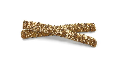 Sesame- linen stick crackers. Pretzel bread stick with sesame and linen, flax seeds isolated on white background.
