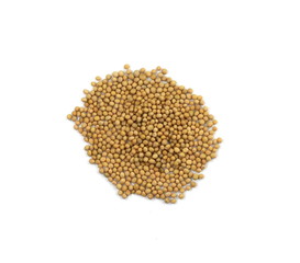 Dry yellow mustard seeds isolated on white background. Macro photo of sinapis alba close up. Seeds of white mustard (Sinapis alba). The seeds (Sinapis albae semen)