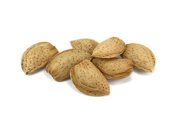 Unshelled almonds isolated on white background. Almond nut in shell.