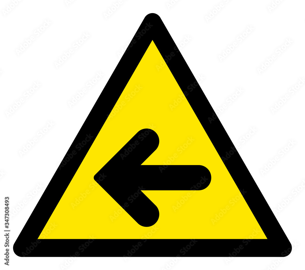 Poster vector left arrow flat warning sign. triangle icon uses black and yellow colors. symbol style is a f