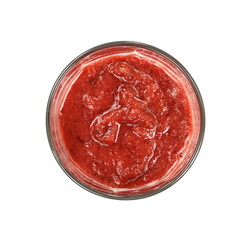 Glass of apple, kiwi, blackberry milkshake or cocktail isolated on white background. Top view