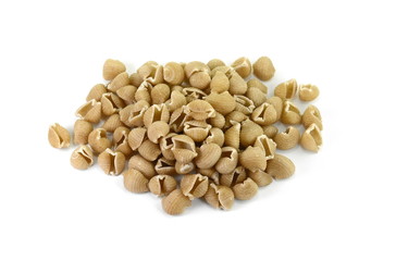 Wholemeal pasta on a white background 