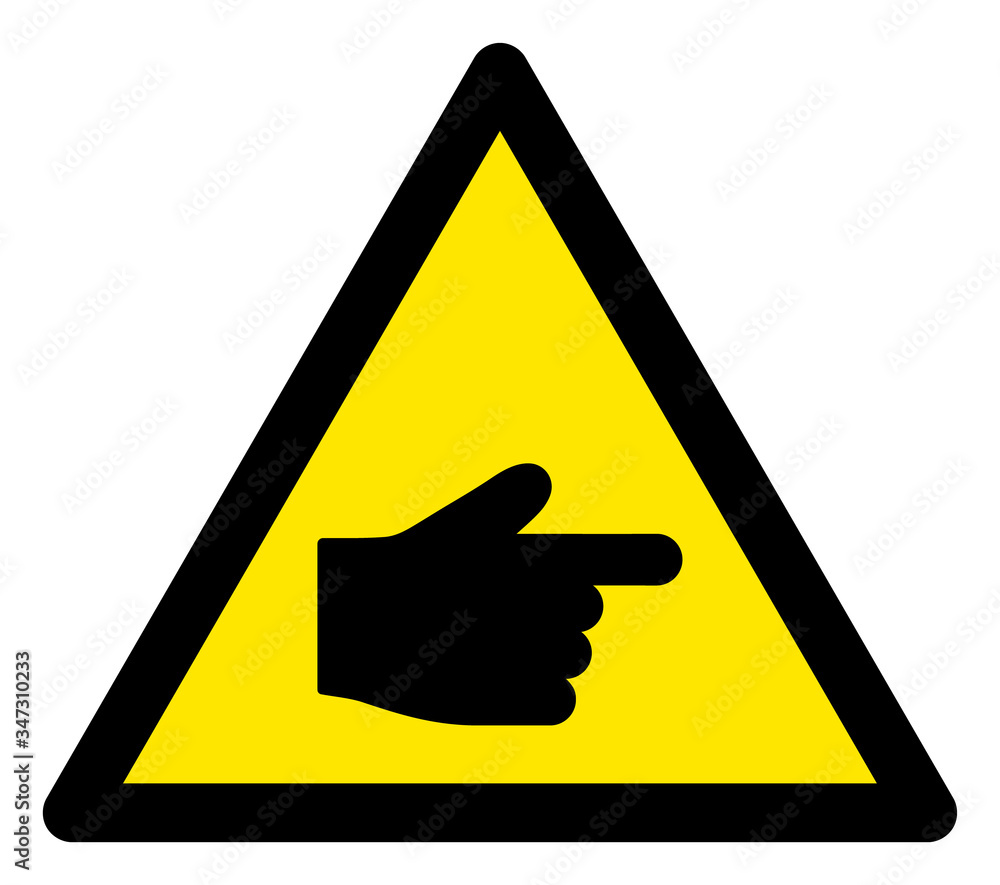 Poster vector index finger flat warning sign. triangle icon uses black and yellow colors. symbol style is a
