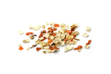 Dry vegetable and spice mix  isolated on white background.