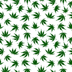 Fototapeta premium Seamless pattern of green cannabis leaves on a white background. Green hemp leaves..Seamless pattern of marijuana