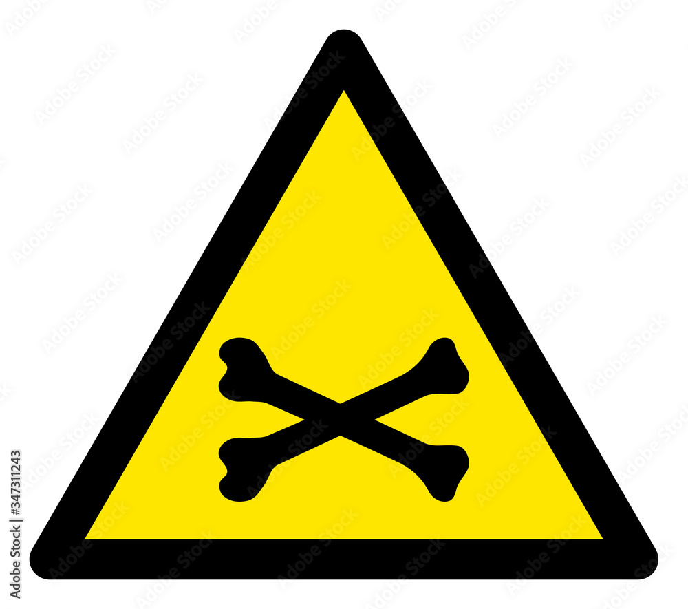 Poster vector cross bones flat warning sign. triangle icon uses black and yellow colors. symbol style is a 