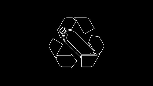 White line Recycling plastic bottle icon isolated on black background. 4K Video motion graphic animation