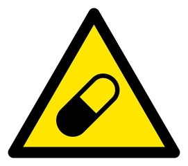 Vector medical pill flat warning sign. Triangle icon uses black and yellow colors. Symbol style is a flat medical pill hazard sign on a white background. Icons designed for notice signals, road signs,