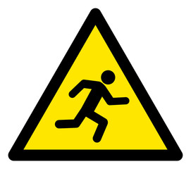 Vector running man flat warning sign. Triangle icon uses black and yellow colors. Symbol style is a flat running man attention sign on a white background. Icons designed for careful signals,