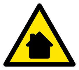 Vector home flat warning sign. Triangle icon uses black and yellow colors. Symbol style is a flat home attention sign on a white background. Icons designed for problem signals, road signs,
