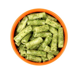 Italian Food. Pasta with original pesto green sauce in Genoa (Genova) Italy on white plate background, Pasta with basil pesto herbs background.