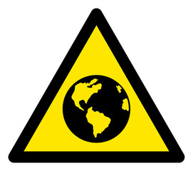 Vector Earth flat warning sign. Triangle icon uses black and yellow colors. Symbol style is a flat Earth attention sign on a white background. Icons designed for caution signals, road signs,