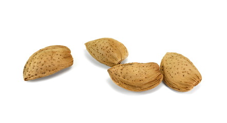 Unshelled almonds isolated on white background. Almond nut in shell.
