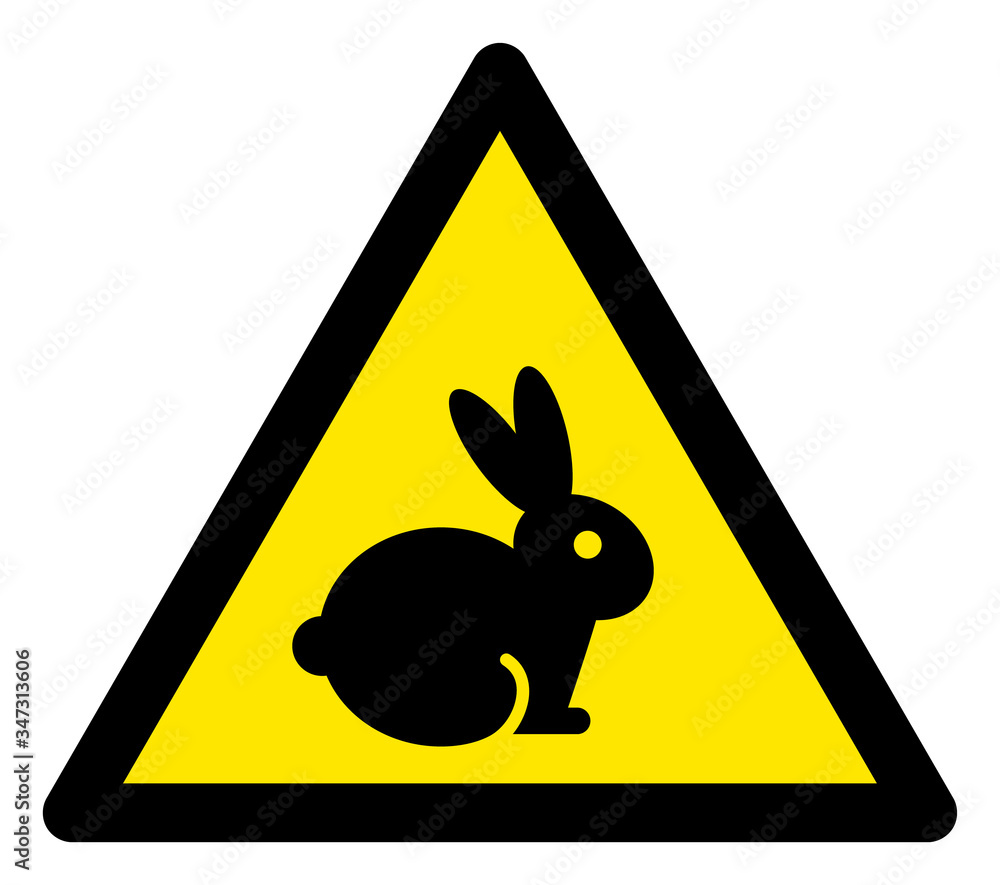 Poster vector rabbit flat warning sign. triangle icon uses black and yellow colors. symbol style is a flat 
