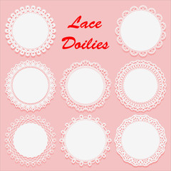 Set of Decorative White lace Doilies. Openwork round frame on a pink background. Vintage Paper Cutout Design. - obrazy, fototapety, plakaty