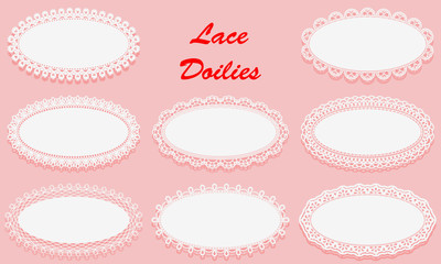 Set of Decorative White lace Doilies. Openwork Oval frame on a pink background. Vintage Paper Cutout Design.