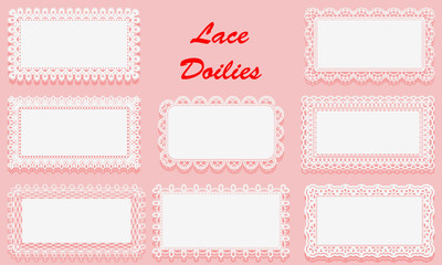 Set of Decorative White lace Doilies. Openwork rectangular frame on a pink background. Vintage Paper Cutout Design. - obrazy, fototapety, plakaty