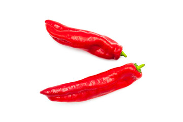 Two Fresh peppers isolated on white background. Red sweet paprika isolated.