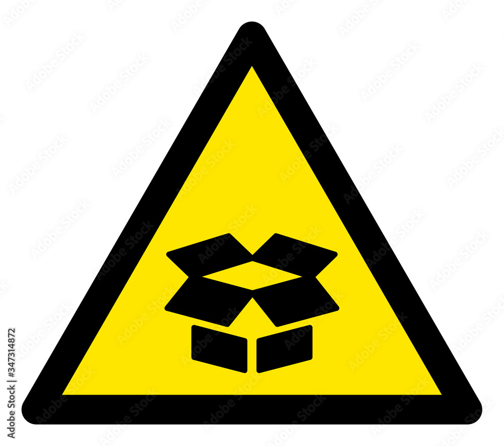 Poster vector open box flat warning sign. triangle icon uses black and yellow colors. symbol style is a fla