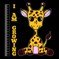 Giraffe measures growth. I am growing. Animal in cartoon style. Vector template for design T-shirts. Fashion graphic for apparel. Character image giraffe for children's magazines