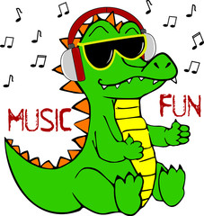Vector template for design T-shirts. Character image alligator for children's magazines and preschool institutions. Crocodile in sunglasses listening to music in headphones on black background