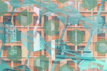 Background consists of unfinished building and hexagons. Background created from many construction objects. Abstract geometric shapes. Geometric wallpaper on erection of buildings. Construction site