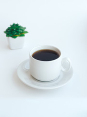 Obraz na płótnie Canvas Cup of black coffee and a green plant on a white background