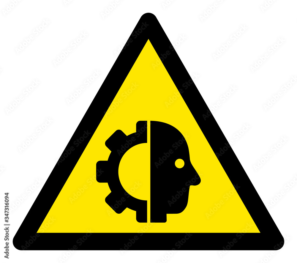 Poster vector android robot flat warning sign. triangle icon uses black and yellow colors. symbol style is 