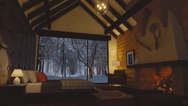 3D rendered scene with chimney place inside wooden cabin in forest with window view to the snow fall at the winter forest. Had made from my own imagination, no references