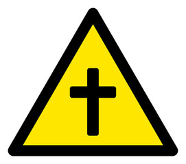Vector religious cross flat warning sign. Triangle icon uses black and yellow colors. Symbol style is a flat religious cross hazard sign on a white background. Icons designed for notice signals,