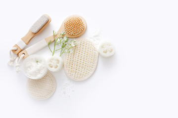 Top view of natural skincare and spa cosmetic products on white background. Beauty concept