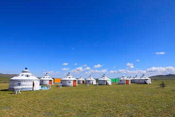 Fototapeta na wymiar Mongolian yurt on the grassland,in the background of blue sky an