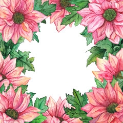 Watercolor pink chrysanthemum green leaf flower composition frame border template background isolated art